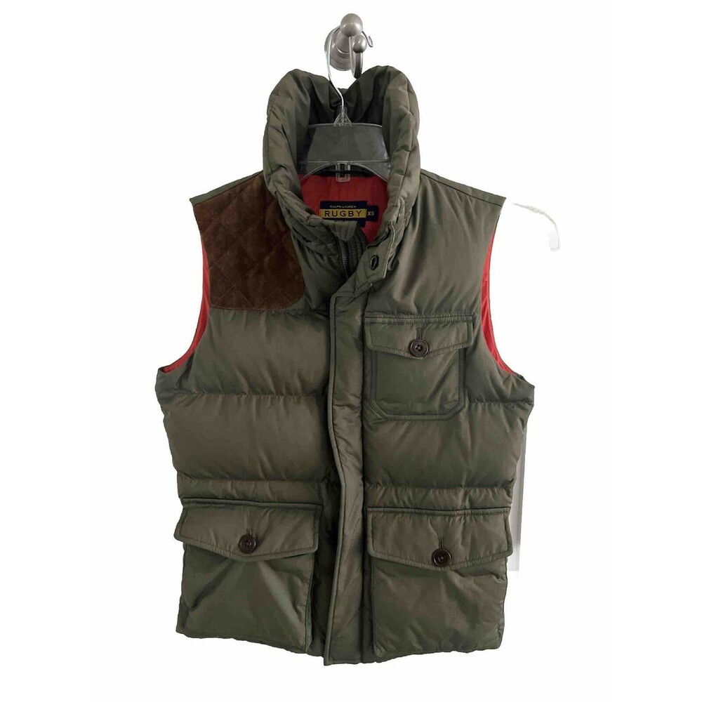 EUC RALPH LAUREN Rugby Rare Olive Green Suede preppy down Zip puffer vest XS